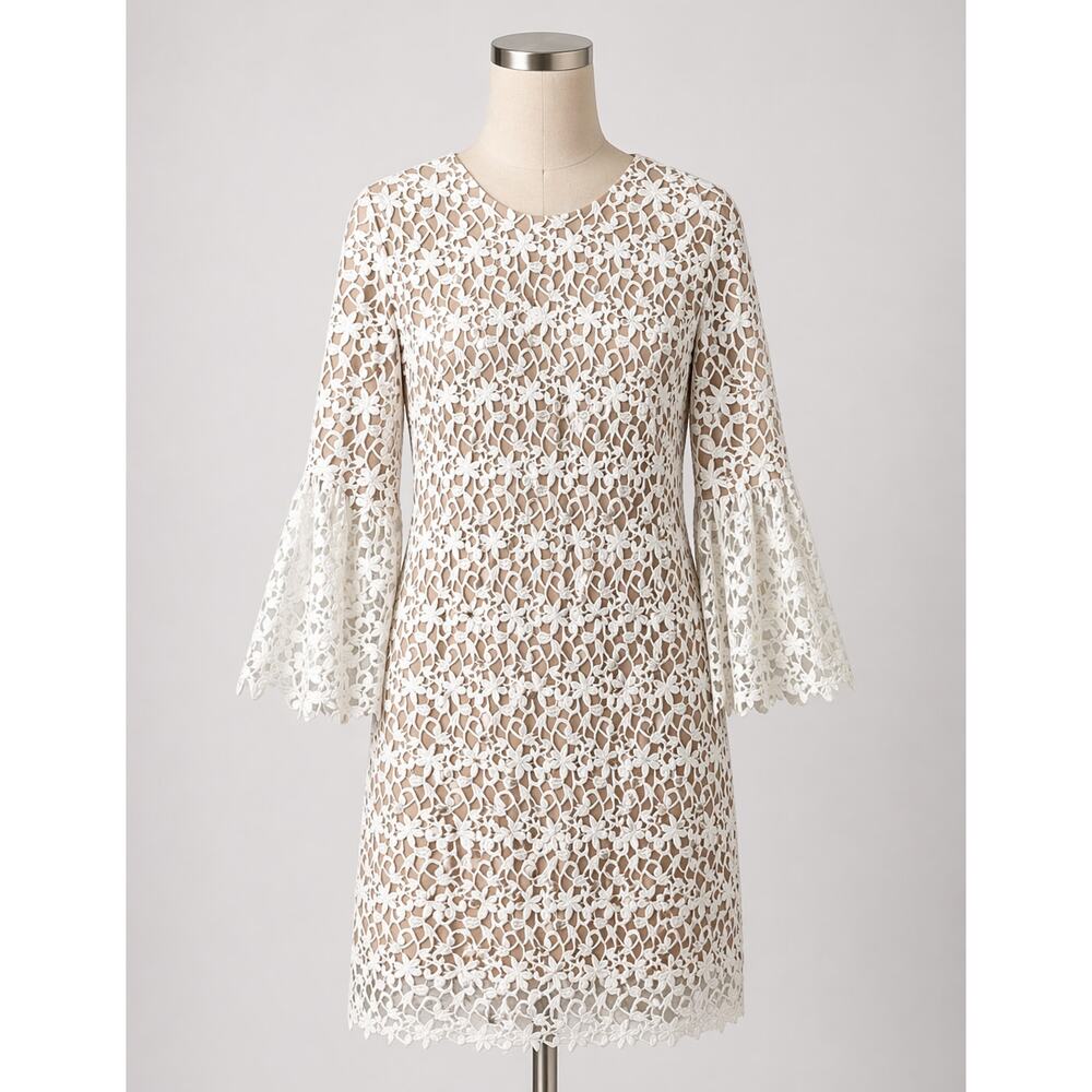 Dress the Population White Lace Crochet Shift Dress Bell Sleeves